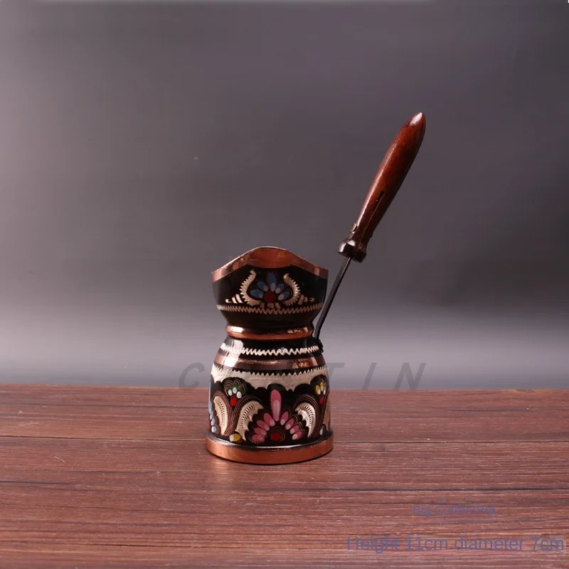 Turkish Coffee Pot Hand Carved Long Handle Pure Copper Kettle Turkish Coffee Sharing Pot Portable Coffee Maker