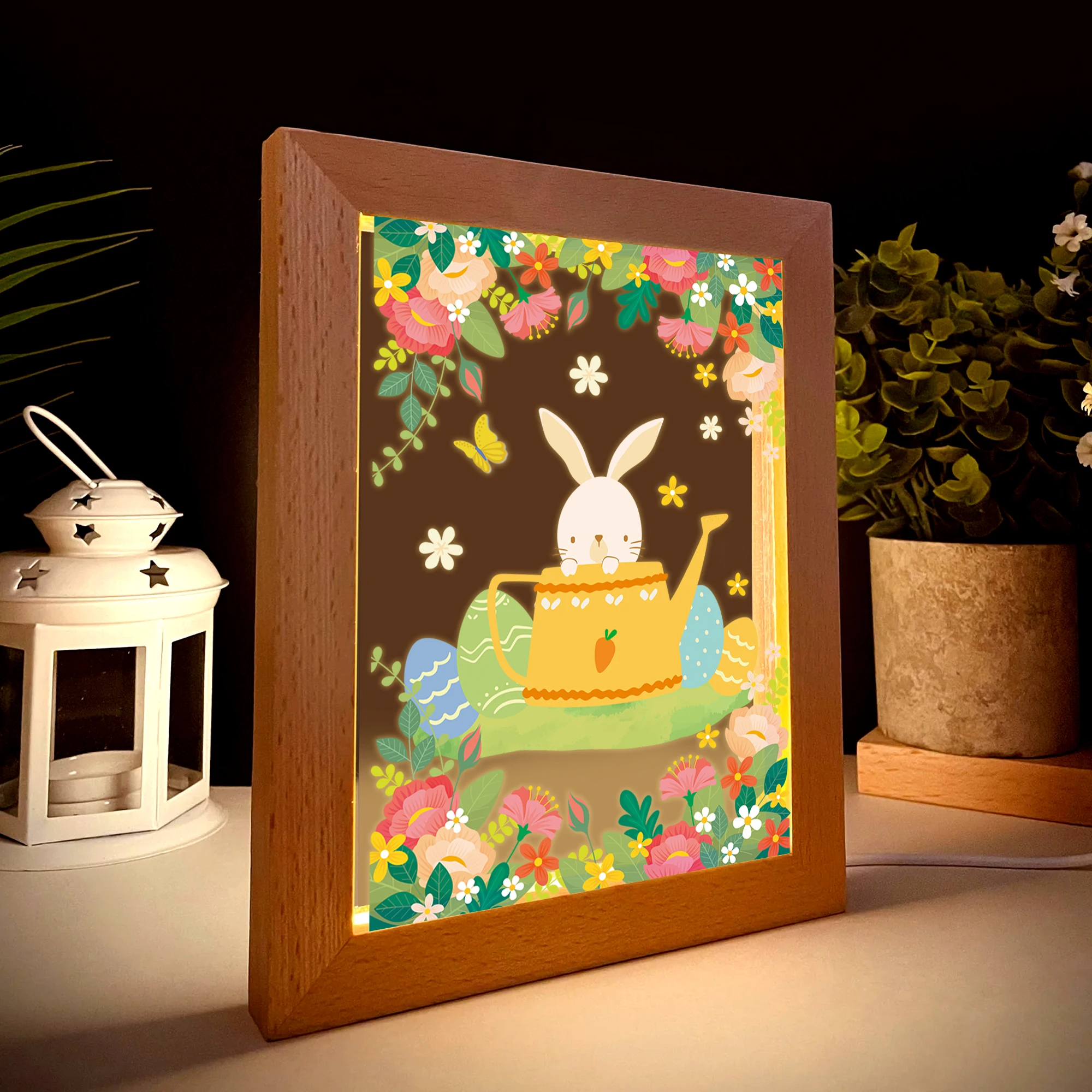 2D شقة الحيوان أرنب LED الاكريليك ضوء الليل الخشب إطار الصورة 21x17 سنتيمتر الكرتون الأطفال غرفة نوم الهدايا ديكور المنزل هدية #2