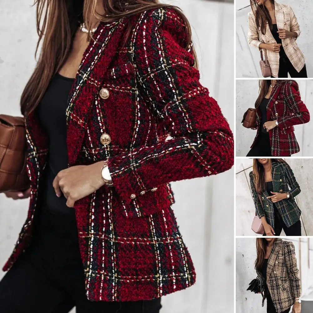 Women Blazer Plaid Print Lapel Long Sleeves Autumn Blazer Thick Double-breasted Cardigan Formal Business Winter Coat For Female