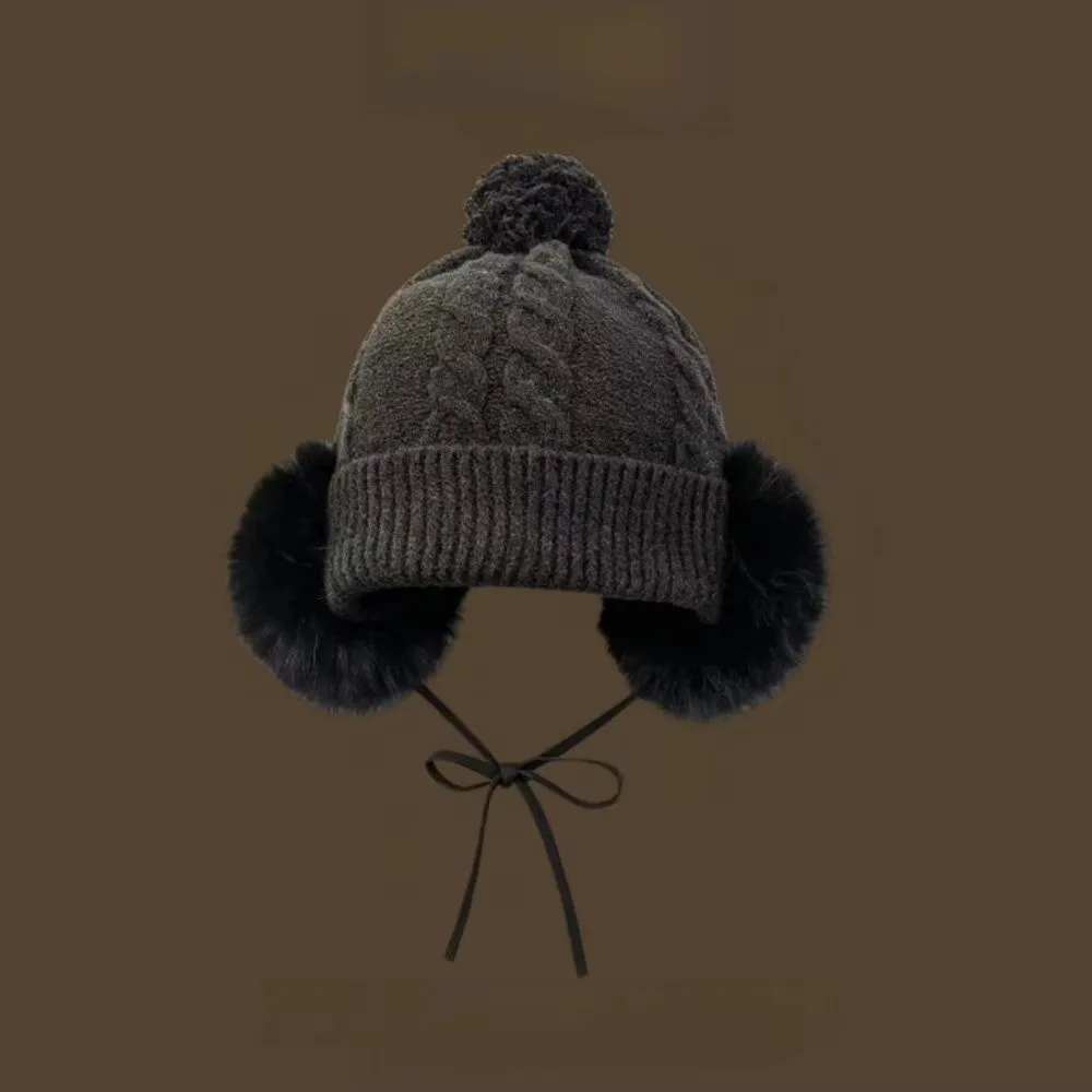 Knitted Trapper Hat Ear Protection Large Head Circumference Pompom Beanie with Earflap Warm Thick Wool Cap Cloth Accessories