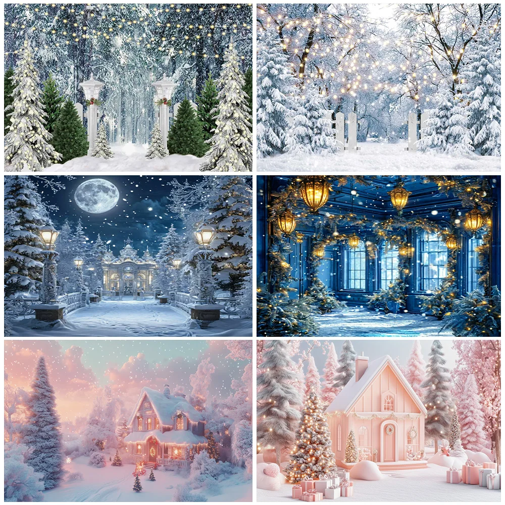 

Snow Scene White Pine Forest Christmas Photography Background Snowflake Wonderland Snow House Party Decorations PhotoStudio Prop