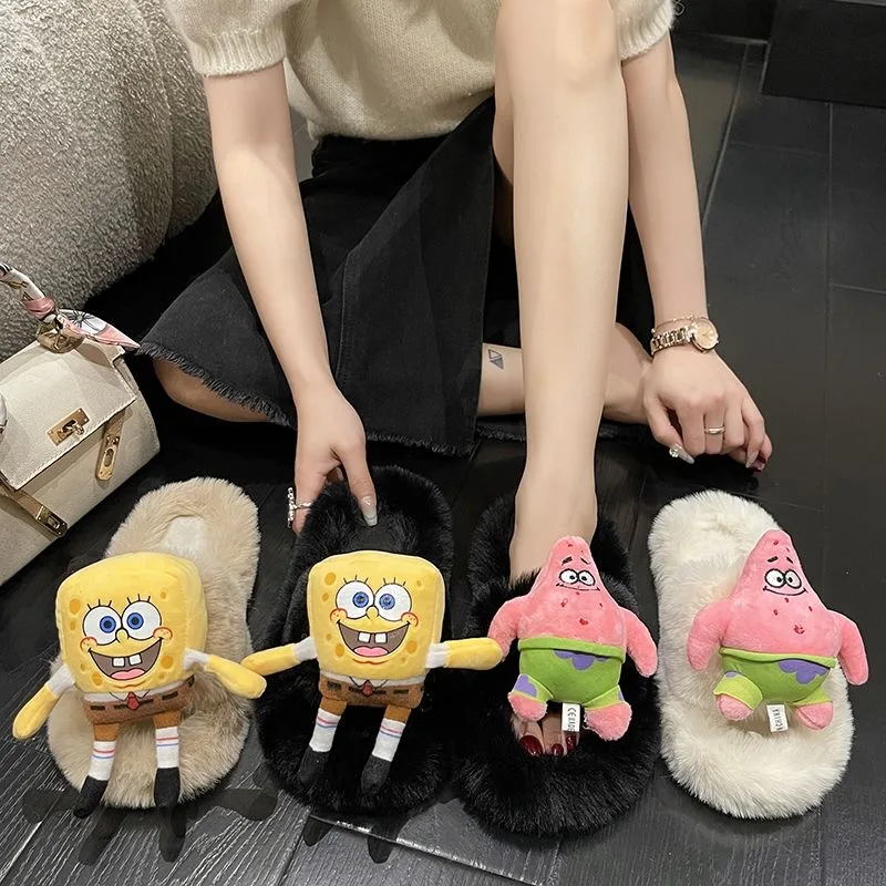 SpongeBob SquarePants Big Star Hairy Slippers for Women Wearing Autumn and Winter Cute Cartoon Plush Large 42 Cotton Slippers