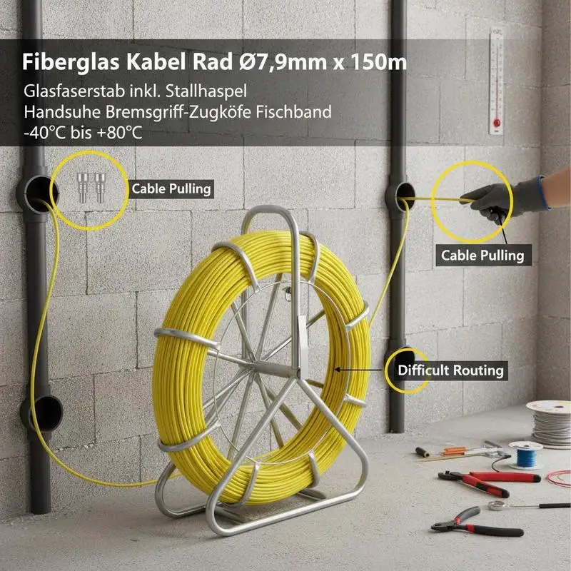 

Кабелепротяжка из стекловолокна длиной 492 фута (5/16 дюйма), стальной держатель для катушки, 3 протяжных головки, набор для протяжки кабеля с неэлектропроводящими элементами, ручной кабелепротяжный комплект.