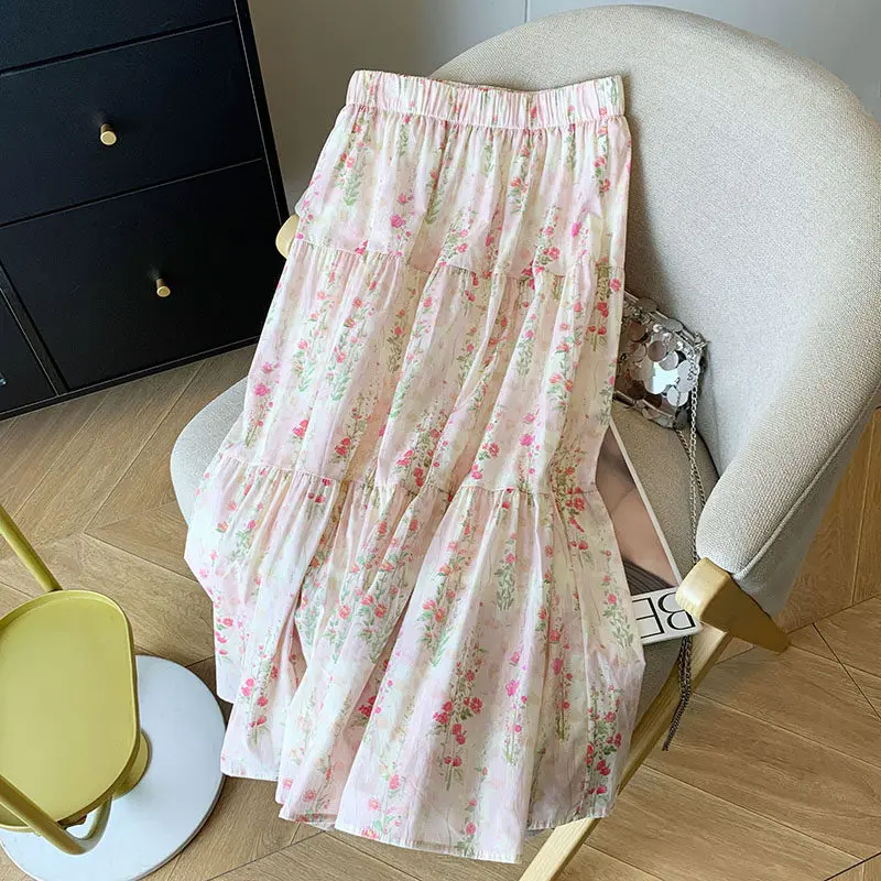 Gentle Series Long A-Line Midi Skirt with Large Hem Floral Print High Waist Polyester Fiber Gentle And Elegant Style