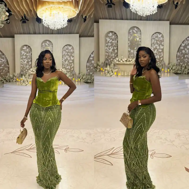 Charming Velvet Sequins Prom Gowns Strapless Floor Length Mermaid Evening Dresses Beadeds Celebrity Party Customized