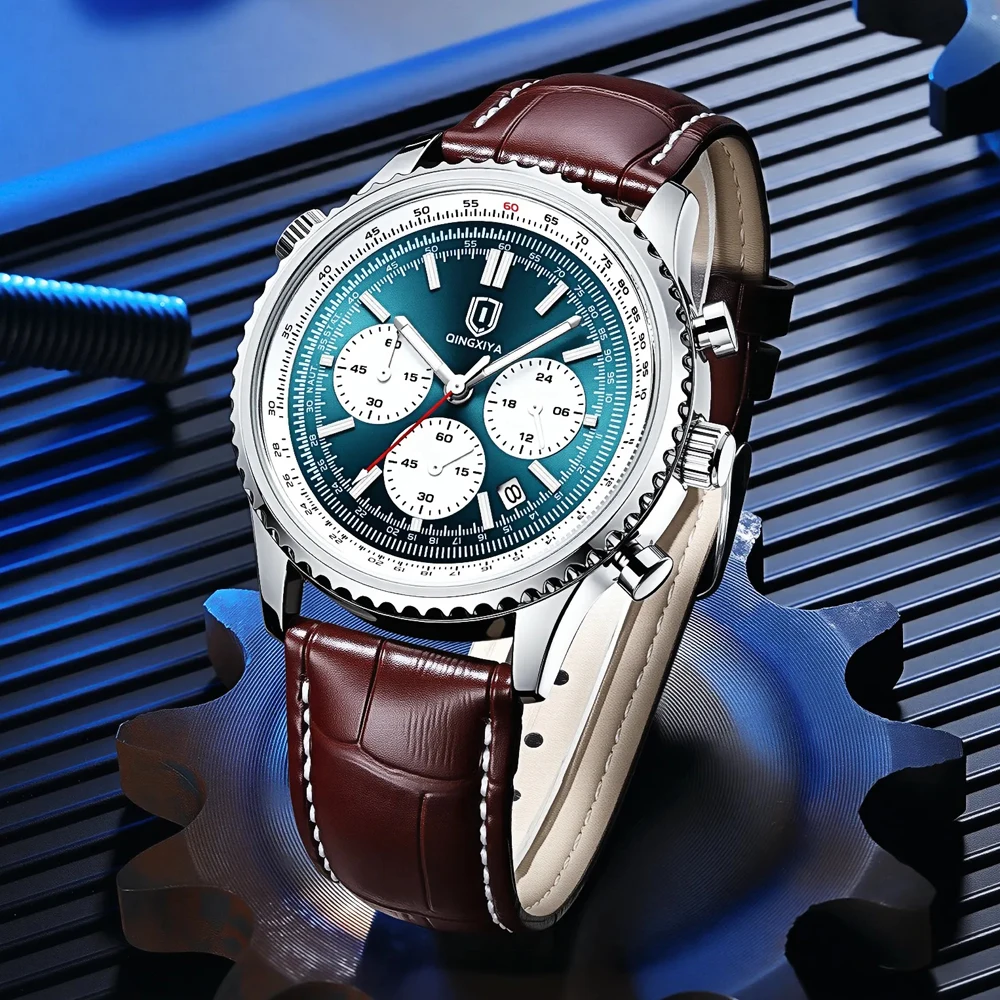 

QINGXIYA Brand New Sport Men's Quartz Watches Leather Luminous Waterproof Chronograph Watch Men Date Military Man Wristwatch