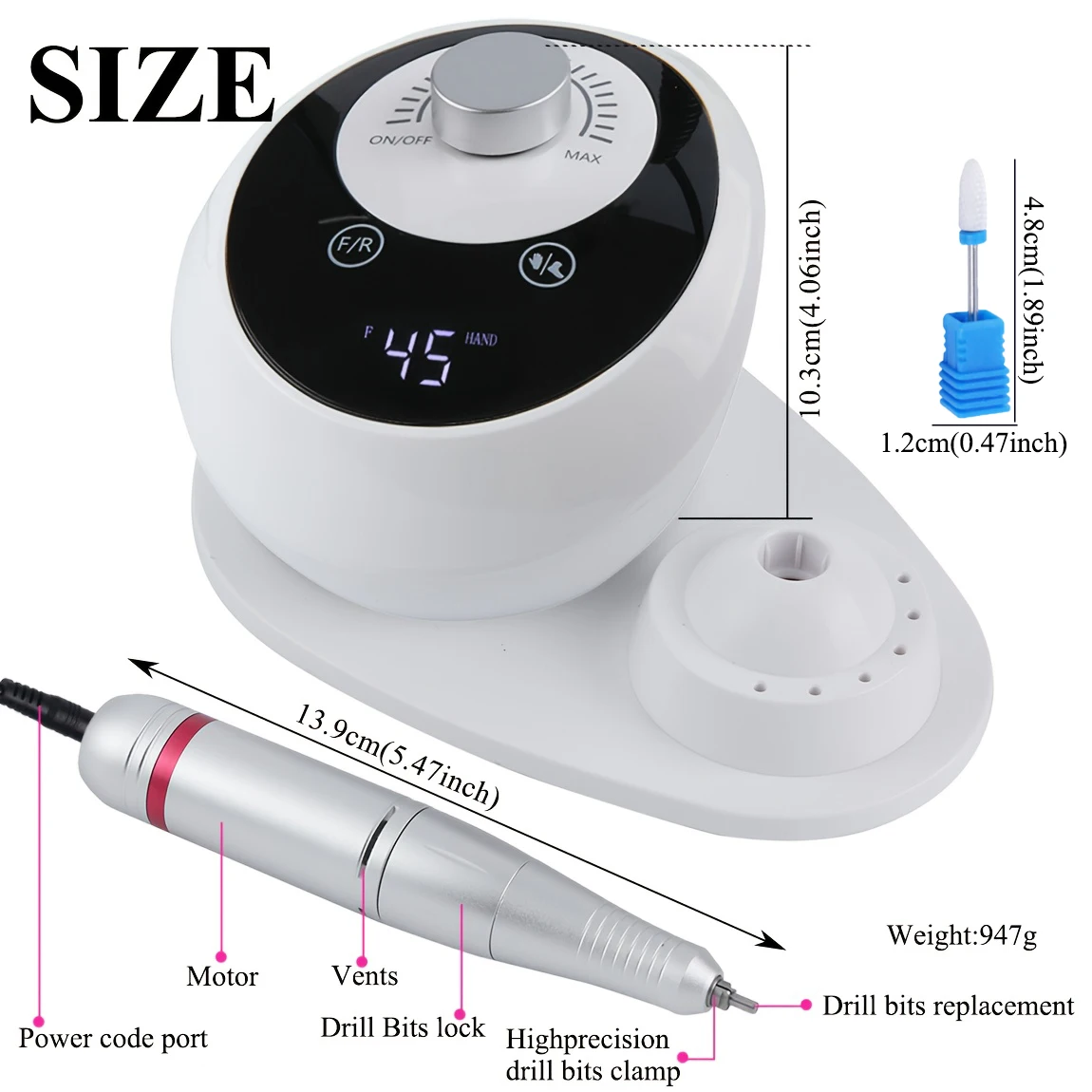 Upgraded Professional White 45000 RPM Electric Nail Grinder, Low-Noise Nail Care with Sanding Head, Hand & Foot Care Equipment