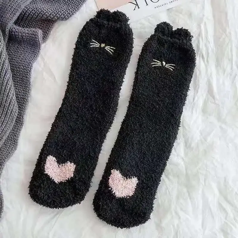 

Winter Coral Fleece Sleep Носки Women Socks Cartoon Heart Cat Ears Winter Floor Socks Thicken Soft Plush Socks Women Gifts