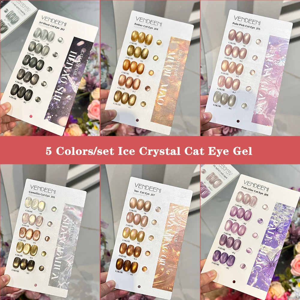Vendeeni 5 Colors/set Purple Brown Candy Color Crystal Cat Eye Gel Nail Polish Glitter UV Magnetic Nail Varnish With Color Card