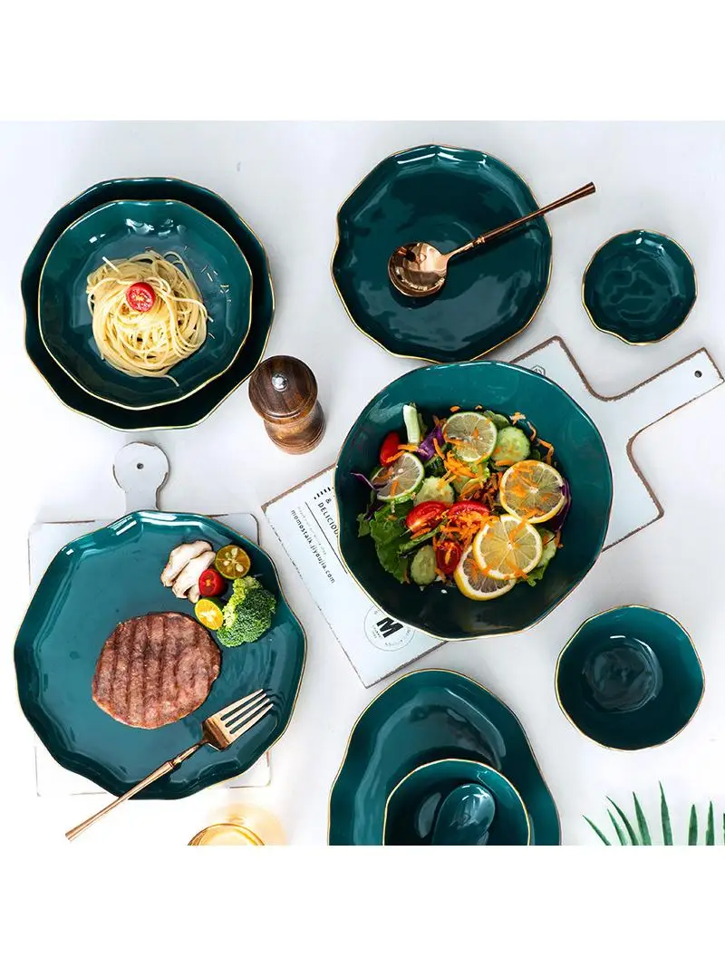 nordic-retro-green-gold-rim-ceramic-dining-set-home-use-plate-salad-bowl-steak-plate-rice-bowl-spoon-dishwashing-tools