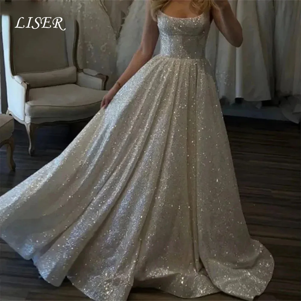 Liser Weiß A-Linie Elegantes Sexy Hochzeitskleid mit Pailletten Promi-Kleider Scoop Besondere Anlässe für Frauen Maßgeschneidert