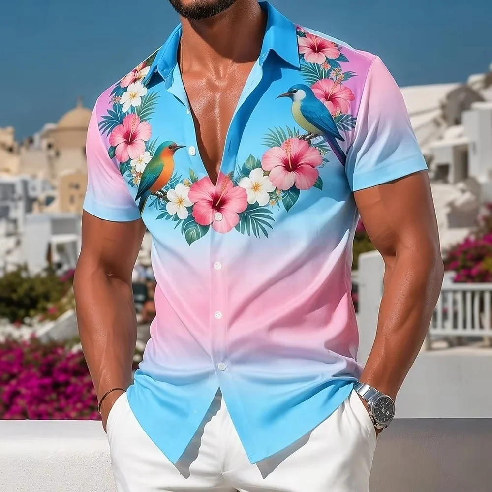Men's New Arrival Gradient Tropical Floral Hawaiian Shirt Button-Down Collar T-Shirt 3D-Printed Beach Vacation-Style Shirt