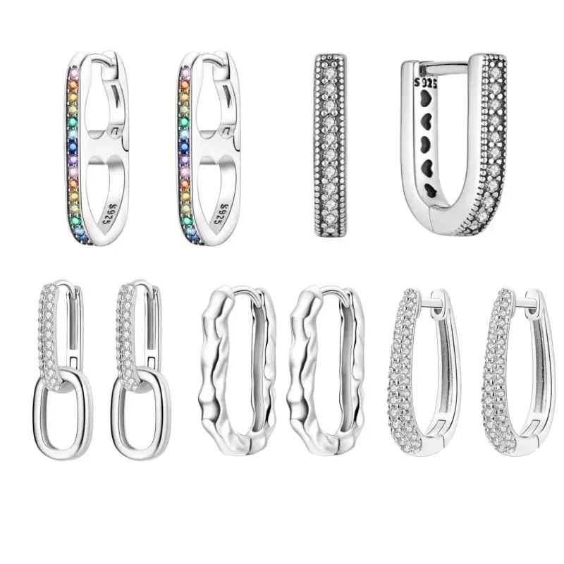 Kolczyki w kształcie litery U 925 Sterling Silver Bicykliczne kolczyki pierścionkowe Wkładka Cyrkon Prosta biżuteria Kobiety Dziewczyna Wieczór Party Prezenty