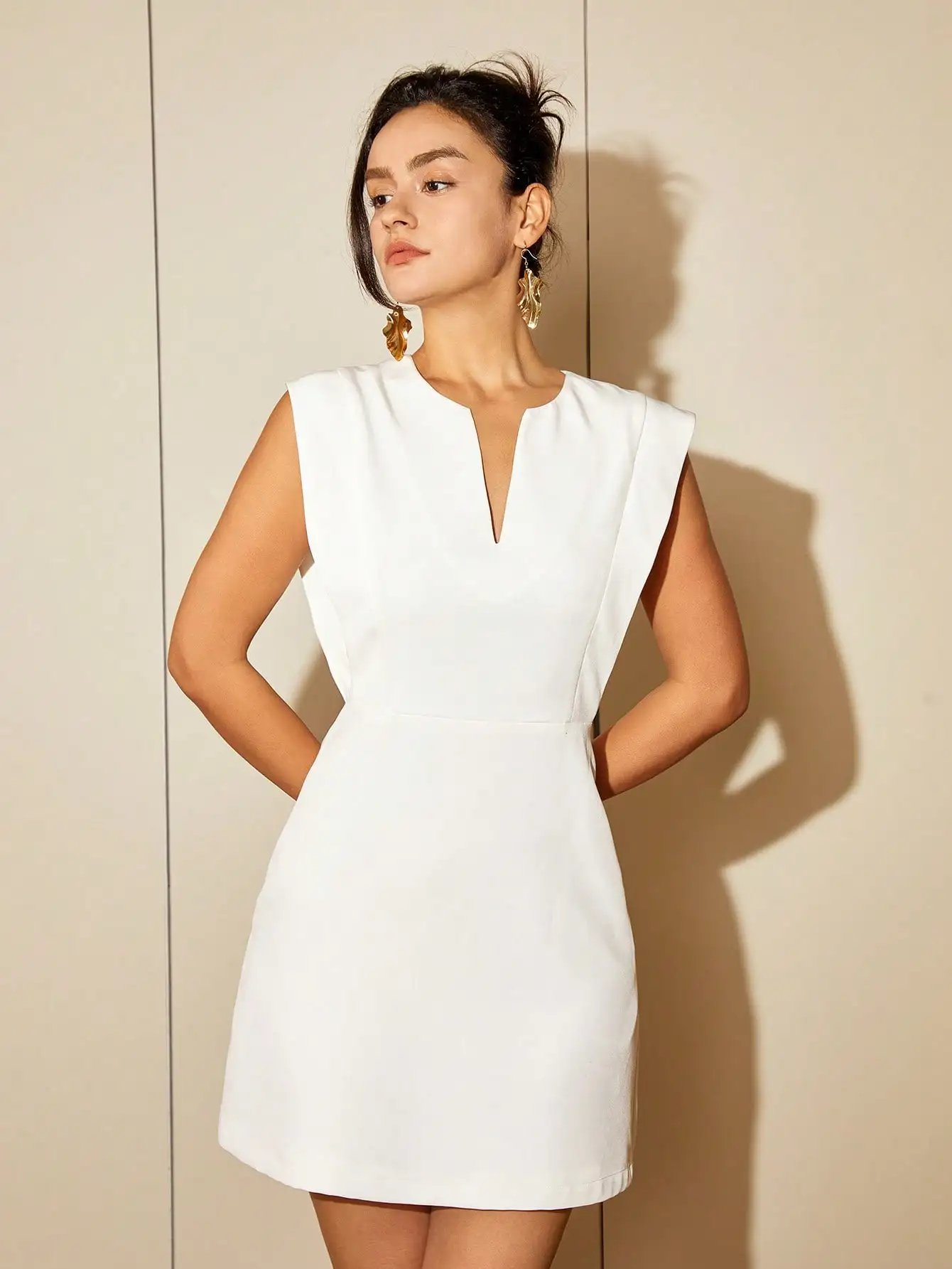 AEL Woman Fashion New Casual Elegant High Waist Sleeveless A Line Dress Solid Notched Neckline Dress