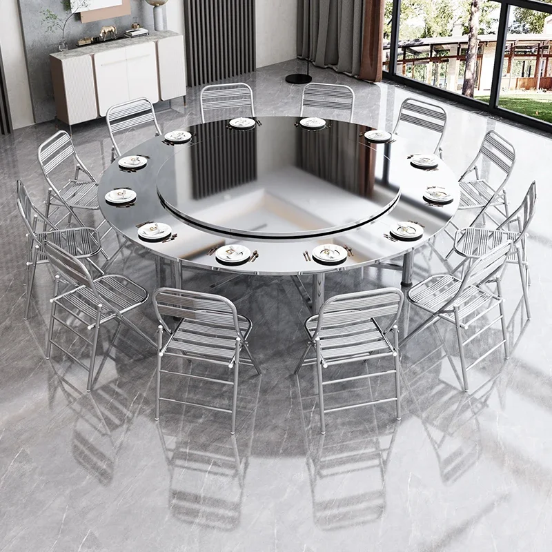 Thickened 304 stainless steel foldable turntable table round table household and commercial outdoor dining round table