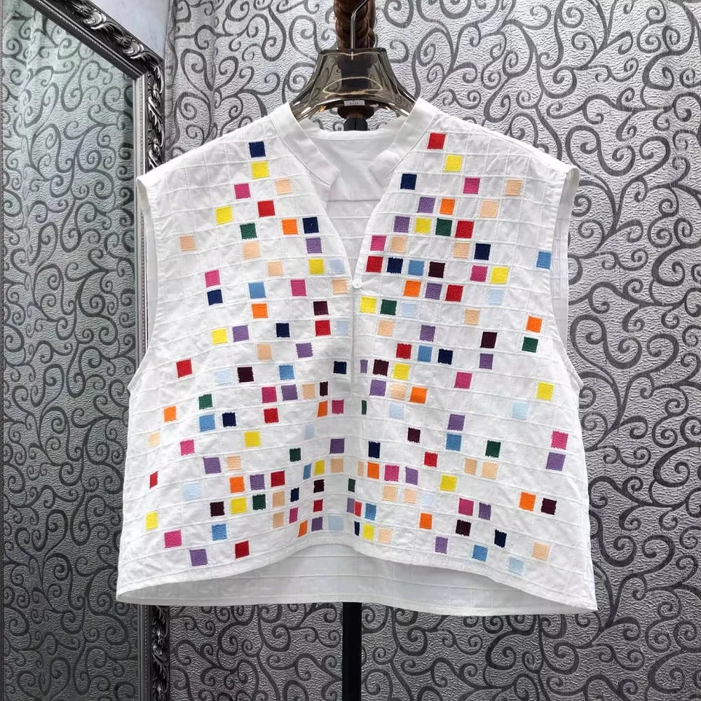 

Хлопковые топы 100% хлопок, летняя мода 2026, женские сексуальные топы с V-образным вырезом, красочная клетчатая вышивка, без рукавов, повседневные свободные белые топы-блузки