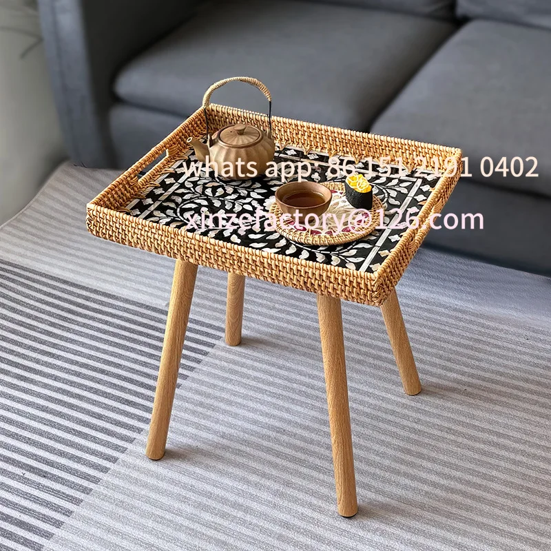 

Customizable ręcznie tkany rattanowy stolik boczny Duży, odpinany stolik kawowy z muszli przybrzeżnej otomany do p