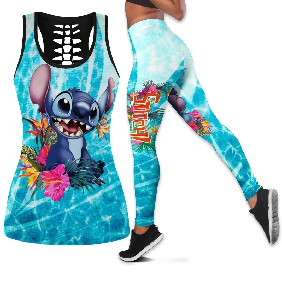 New Disney Stitch Book Hollow Tank Top+Women\'s Leggings Yoga Wear Fitness Leggings Sports Suit Disney Tank Top Leggings Suit