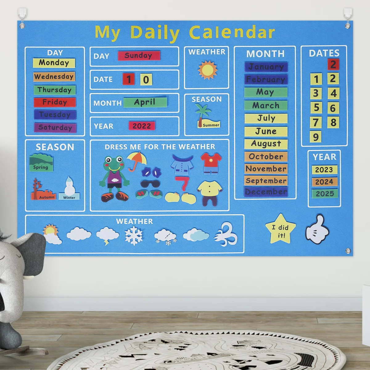 Il mio primo calendario giornaliero in feltro per i più piccoli 100x70 cm Calendario oggi Grafico da appendere per la parete Data Meteo Stagione Mese