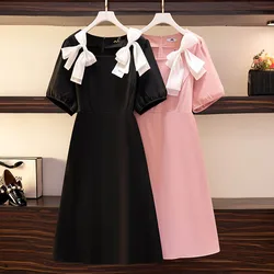 150Kg Plus Size Fashion Women's Bust 150 Summer Loose Bow Short-Sleeved Square Neck Waist Dress Black Pink 5XL 6XL 7XL 8XL 9XL