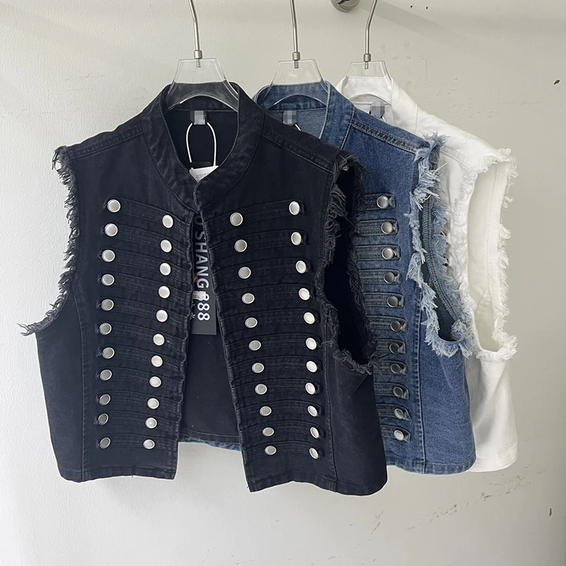 Hairy Edge Denim Vest for Women Vintage Multi Breasted Stand Collar Waistcoat 2026 New Loose Sleeveless Short Jacket