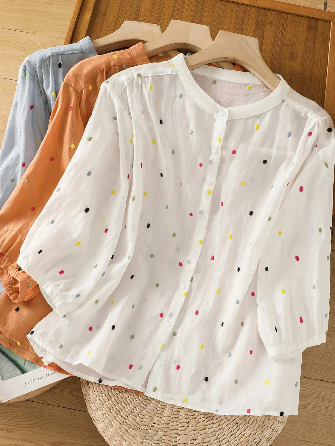 

Sweet Polka Dot Embroidery Linen mid Sleeve Shirt Women Summer Loose round Neck Casual Doll Top Comfortable Vintage Style