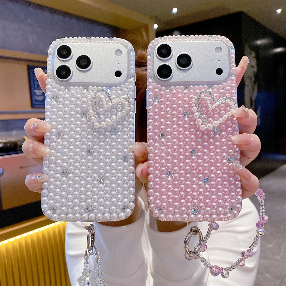 Y2K Coquette Sparkling Full Pearl Rhinestone Heart Phone Case for 17 Pro Max Crystal Strap Protective Cover for iPhone 16 15 14