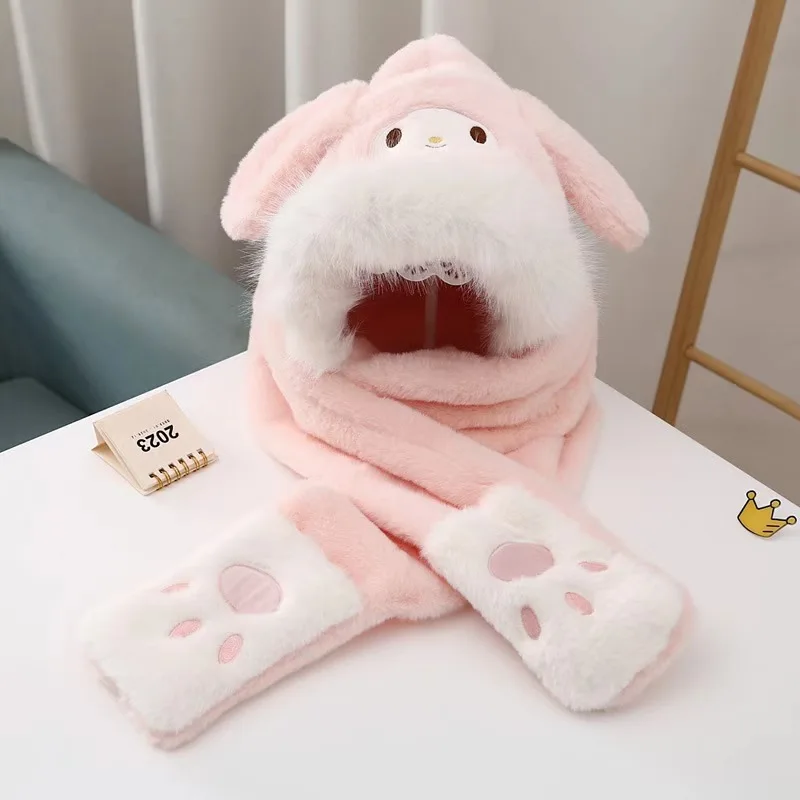 Gorro, bufanda, guante de invierno para niños de peluche Sanrio, bonito regalo de cumpleaños Kuromi Melody 3 en 1, decoración Kawaii de Navidad