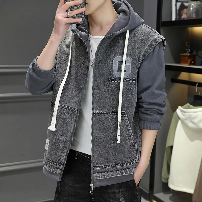 Men Contrast Colors False-Two-Piece Denim Jacket Autumn Winter Male Trendy Hooded Thicken Outwear Casual Oversized Loose Outcoat
