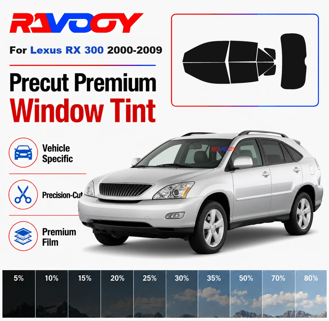 Premium Precut Window Tint Kit Front Windows Rear Windows Rear Windshield For Lexus RX 300 2000-2009 Car Solar Nano Ceramic Film