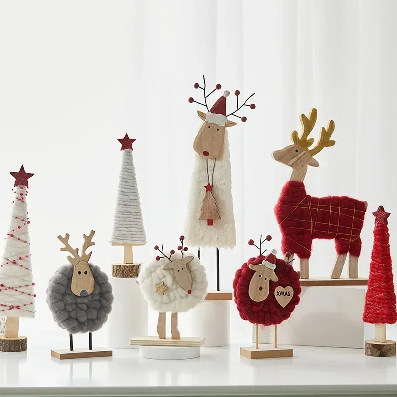 Nordic Christmas Decorations Wooden Woolen Felt Kawaii Christmas Tree Living Room Decor Mini Elk Figurines Home Decor Desk Decor