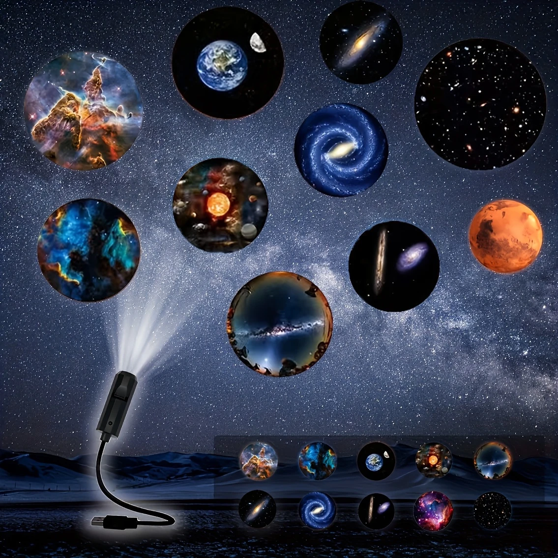 USB Galaxy Projection Lamp,10pcs Patterns LED Light Projects Starry Sky Galaxy Atmosphere Light Festive Decoration Creative Gift