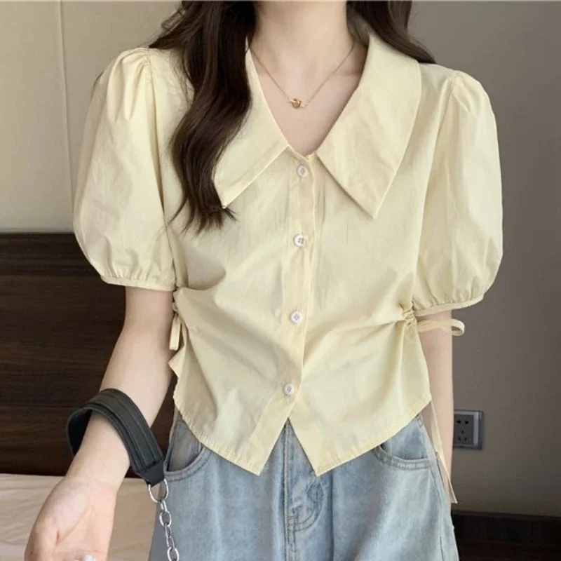 Shirts Women Sweet Solid Puff Sleeve Lace Up Simple Korean Style Square Collar Summer Leisure All-match Trendy Popular Hot Sale