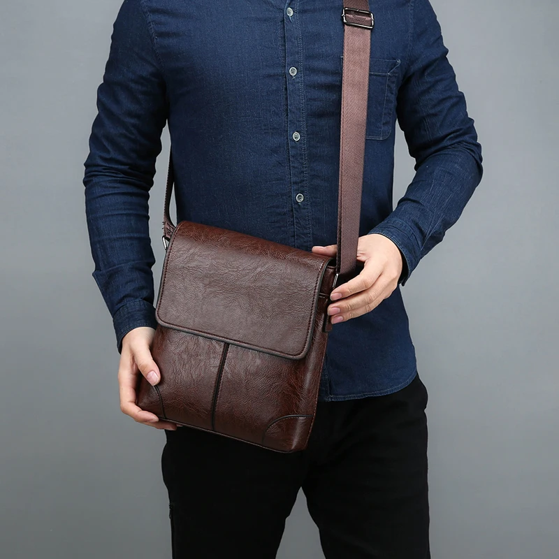 Men'S Shoulder Bag PU Leather Side Cross Sling Messenger Bolsas Satchel Commuting Crossbody Square Essentials Porter Bag Husband