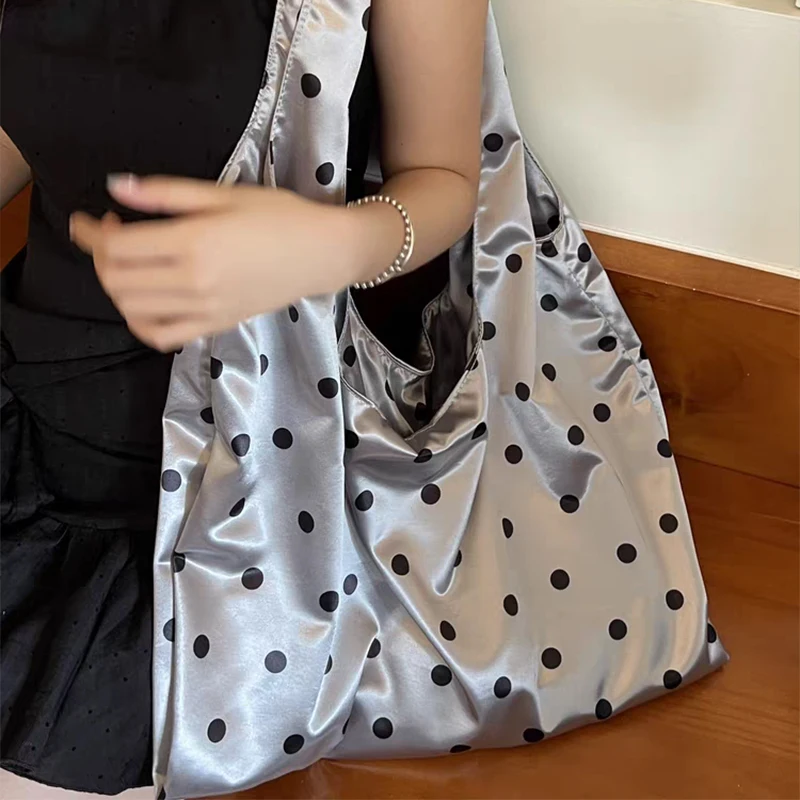 Y2k Girls Satin Polka Dot Shoulder Bag,Casual Chic Handbag,Women Large Capacity Tote Bag,Korean Style Everyday Commuter Purse