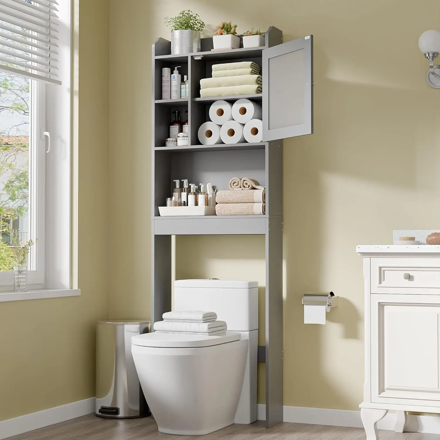 Over The Toilet Bathroom Storage Cabinet Freestanding Wooden Bathroom Organizer with Adjustable Shelves and Glass Door