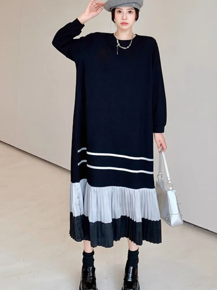 特大の女性用Tシャツ,プリーツドレス,ルーズセーター,パッチワークカラー,長袖,春,秋