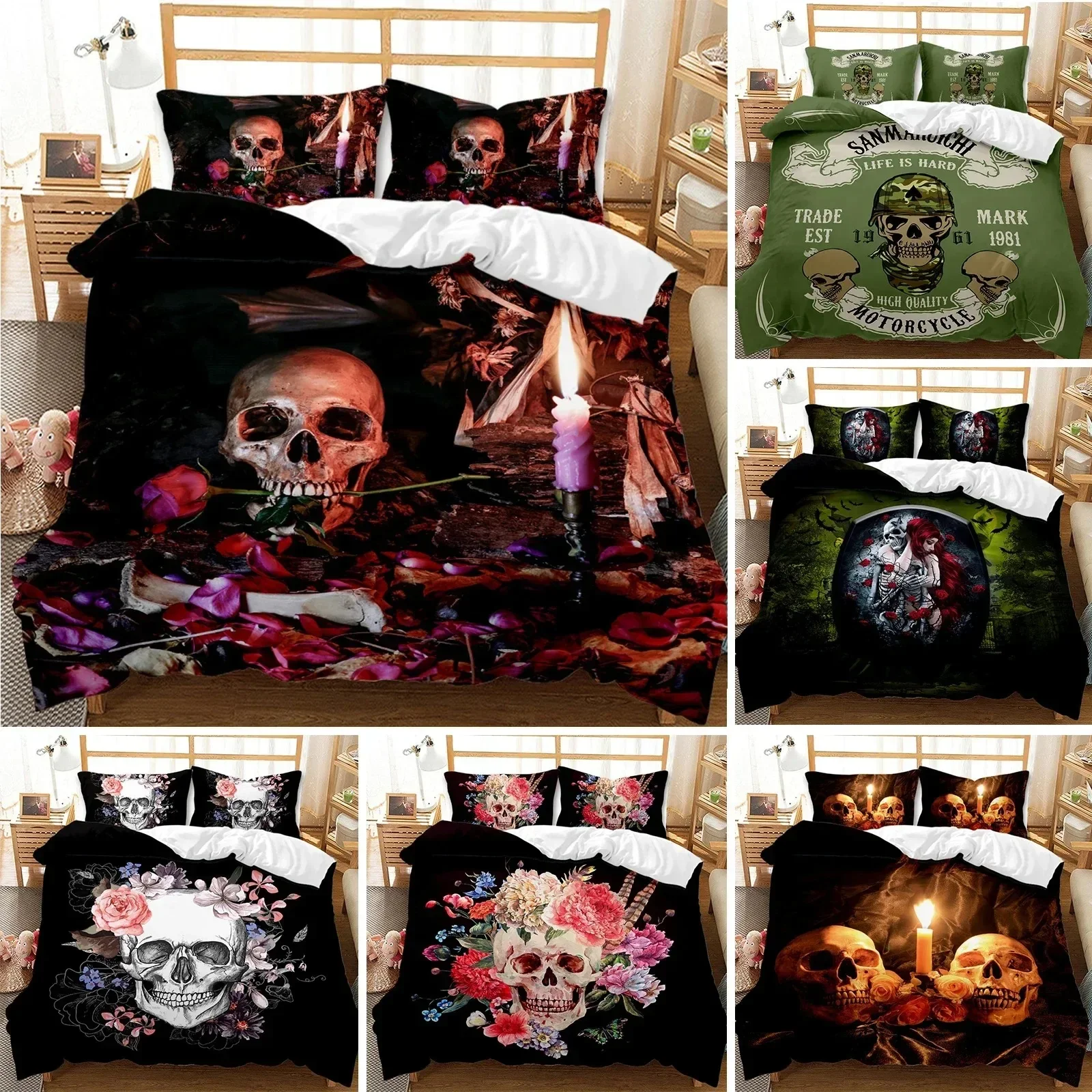 Skull Duvet Cover 3D Skeleton Floral Skull Pattern Printed Bedding Duvet Cover, Lightweight Microfiber Gothic Bedding Queen Size