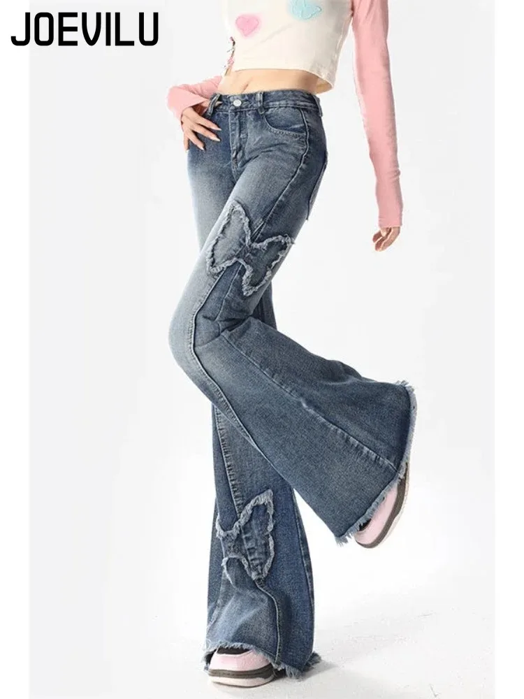 Y2k Butterfly Embroidery Flared Jeans for Women Vintage High Street Style Bootcut Pants Sexy Chic Curve Figure Denim Trousers