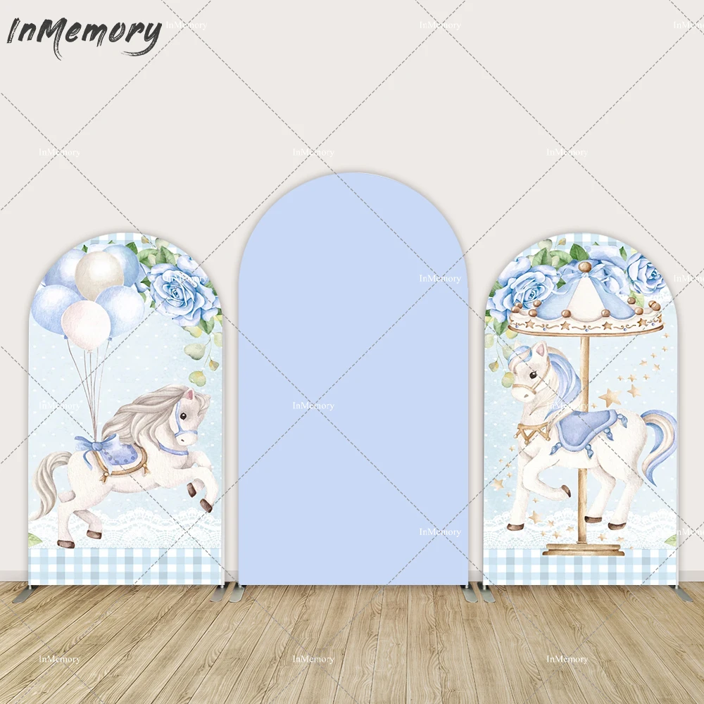 

Blue Carousel Baby Shower Arch Cover Backdrop for Boy Party Decor Supplies Flowers Balloons Newborn Birthday Arched Wall Banner