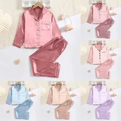 New Children Silk Satin Pyjamas Set Baby Sleepwear Pijama Solid color Pajamas Suit Boys Girls Sleep Set Autumn Kids Loungewear