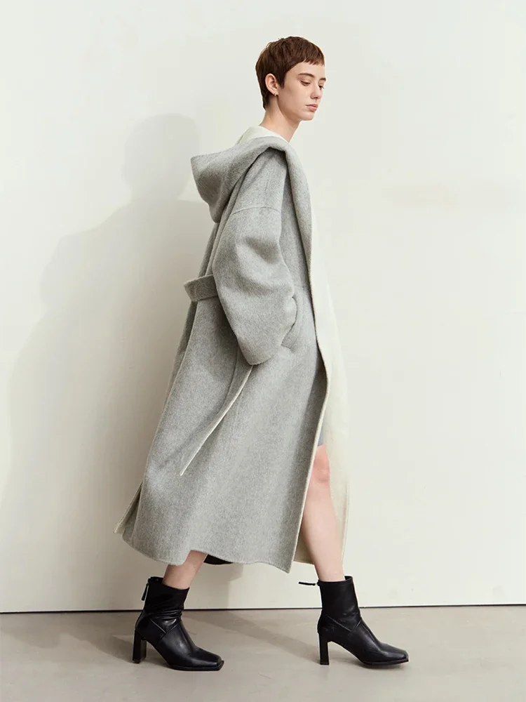 AMII Minimalism Hooded Woolen Coat For Women 100% Wool Color Contrast Double-sided 2026 Winter Drop Sleeve Casual Coat 12444017