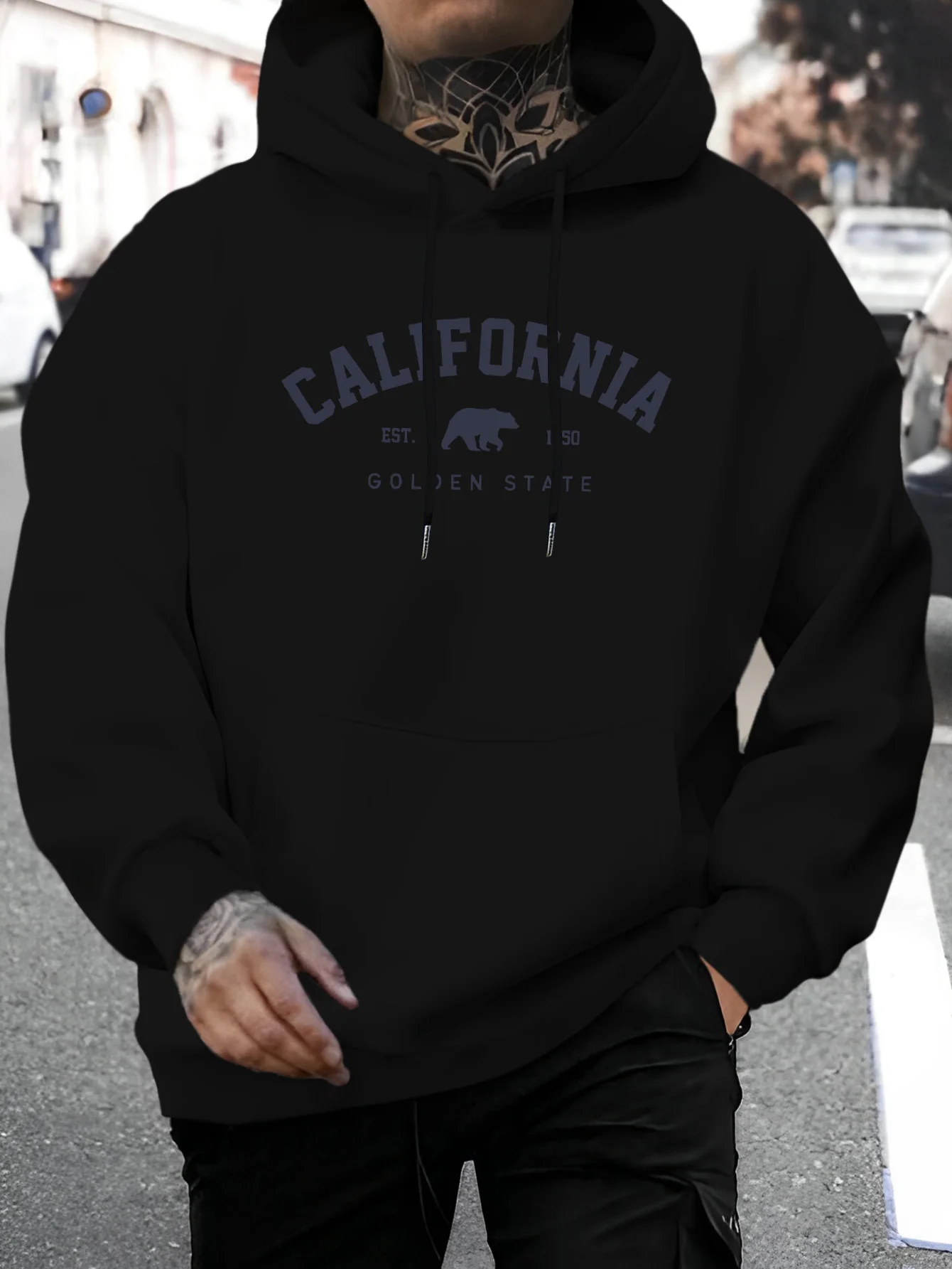 2025 Men's Casual Versatile Style Fashion Hoodie,  California Letter Print - Casual Pullover, Kangaroo Pocket, Stretch Fabric, Machine Washable - Perfect Choice for Spring and Autumn Seasons