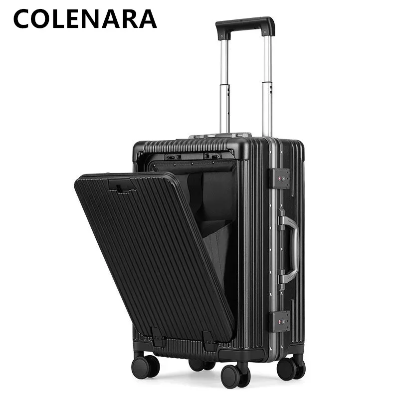 COLENARA-Mala de alumínio para homens, caixa de bagagem de abertura frontal, 24 Laptop Trolley Case, carregamento USB, bagagem de mão, 18"