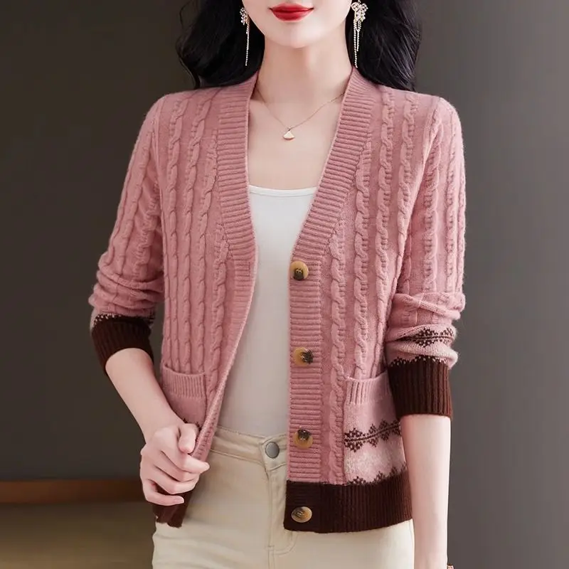 Vintage Spring Autumn Women Sweaters Coat V-Neck Button Pocket Contrast Color Fashion Long Sleeve Knitted Loose Cardigan Tops