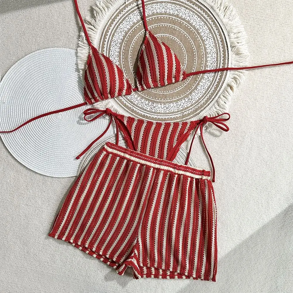 Fashion Vintage Women Swimsuit knitted Striped Bikini Set Small Busts Fit 3-Piece Set Beachwear Hot Springs
