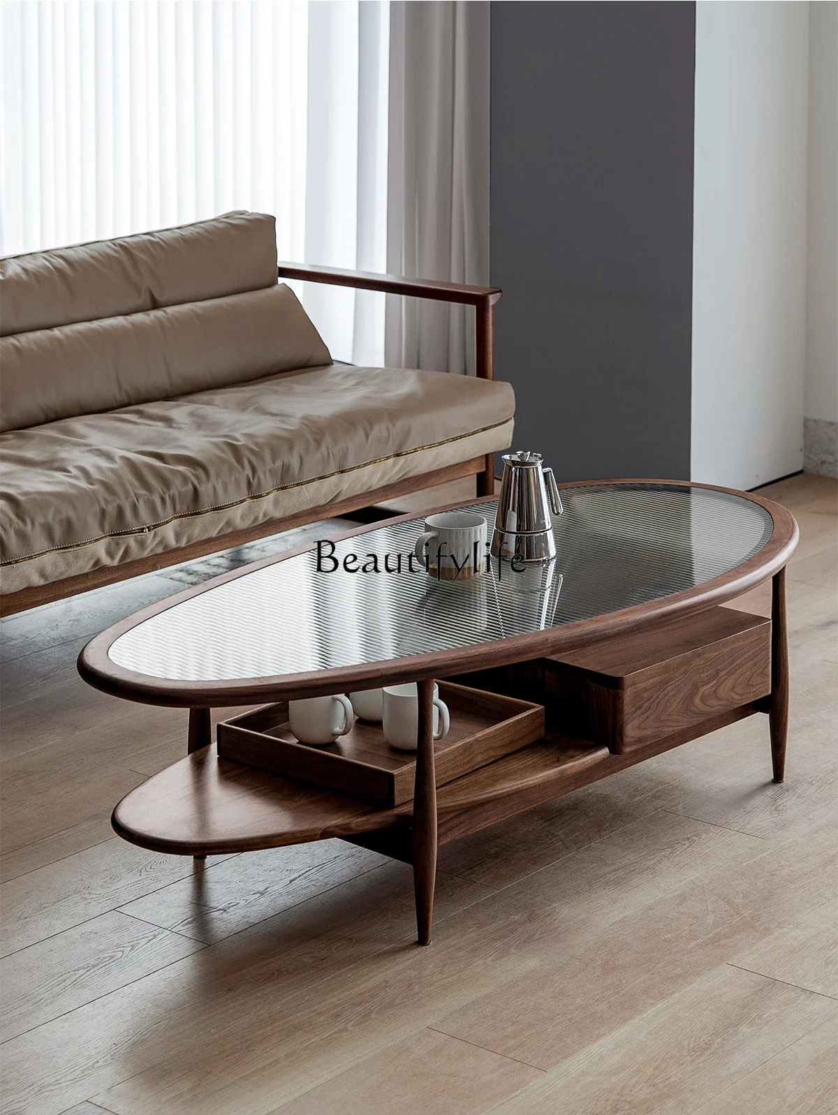 

Tea Table Solid Wood Tea Table Black Walnut Nordic Light Luxury and Simplicity Tempered Changhong Glass Living Room