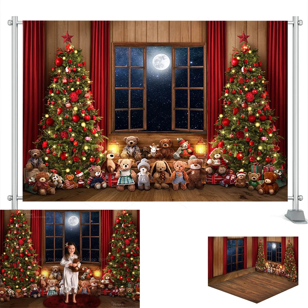 Toile de fond de photographie de Noël pour enfants, portrait d'enfant, ours, bannière de festival, grande lune, plancher en bois, studio photo de bébé