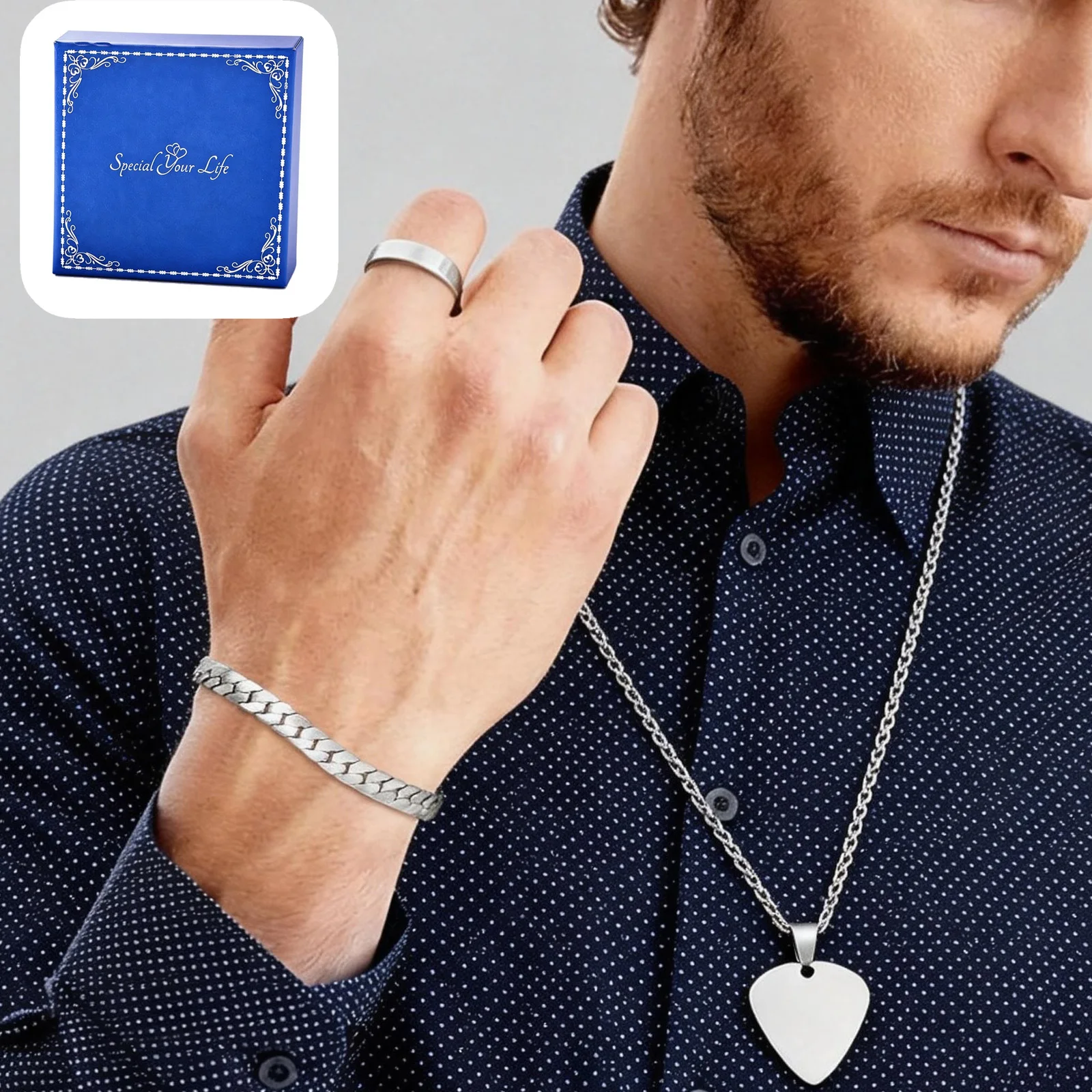 

3pcs Mens Hip Hop Jewelry Gift Set, Necklace Thick Cuban Link Chain Bracelets Ring Durable Stainless Steel for Father Husband