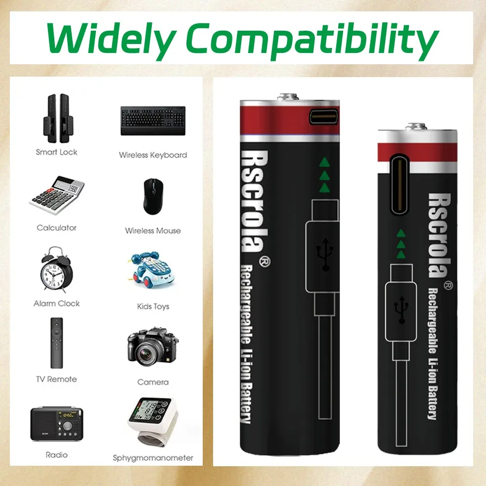 بطارية AA قابلة للشحن تدوم طويلاً وبطارية AAA قابلة لإعادة الشحن 12000 مللي أمبير في الساعة 8000 مللي أمبير في الساعة 1.5 فولت بطاريات ليثيوم أيون مع كابل TypeC #6